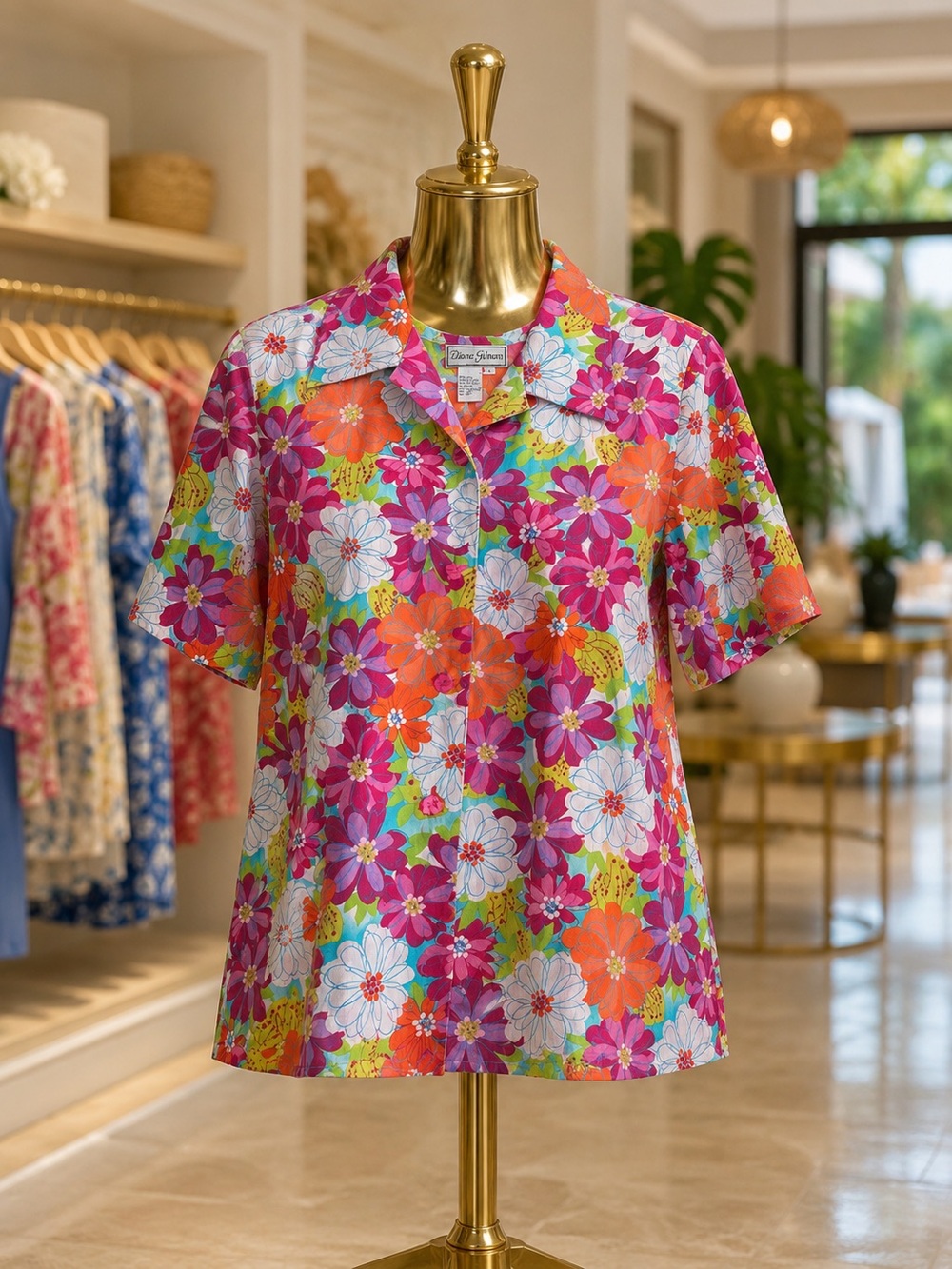 Diane Gilman Floral Silk Cotton Blouse Size Small | Colorful Short Sleeve Button